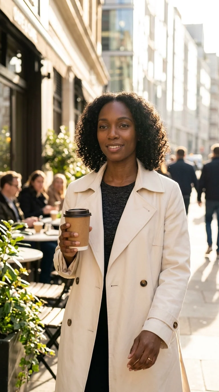 City coffee walk illustrative example for AI influencer creation.