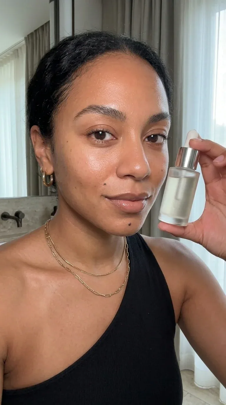 Aria holding an unbranded serum.