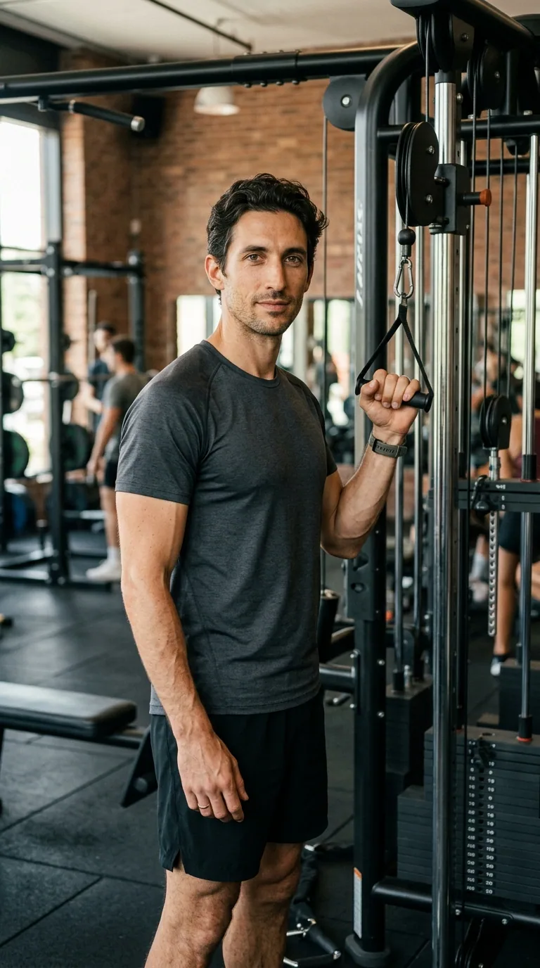 Luca Hayes in in a modern gym near a cable machine wearing a charcoal training shirt, direct eye contact, three-quarter body, cinematic side light.