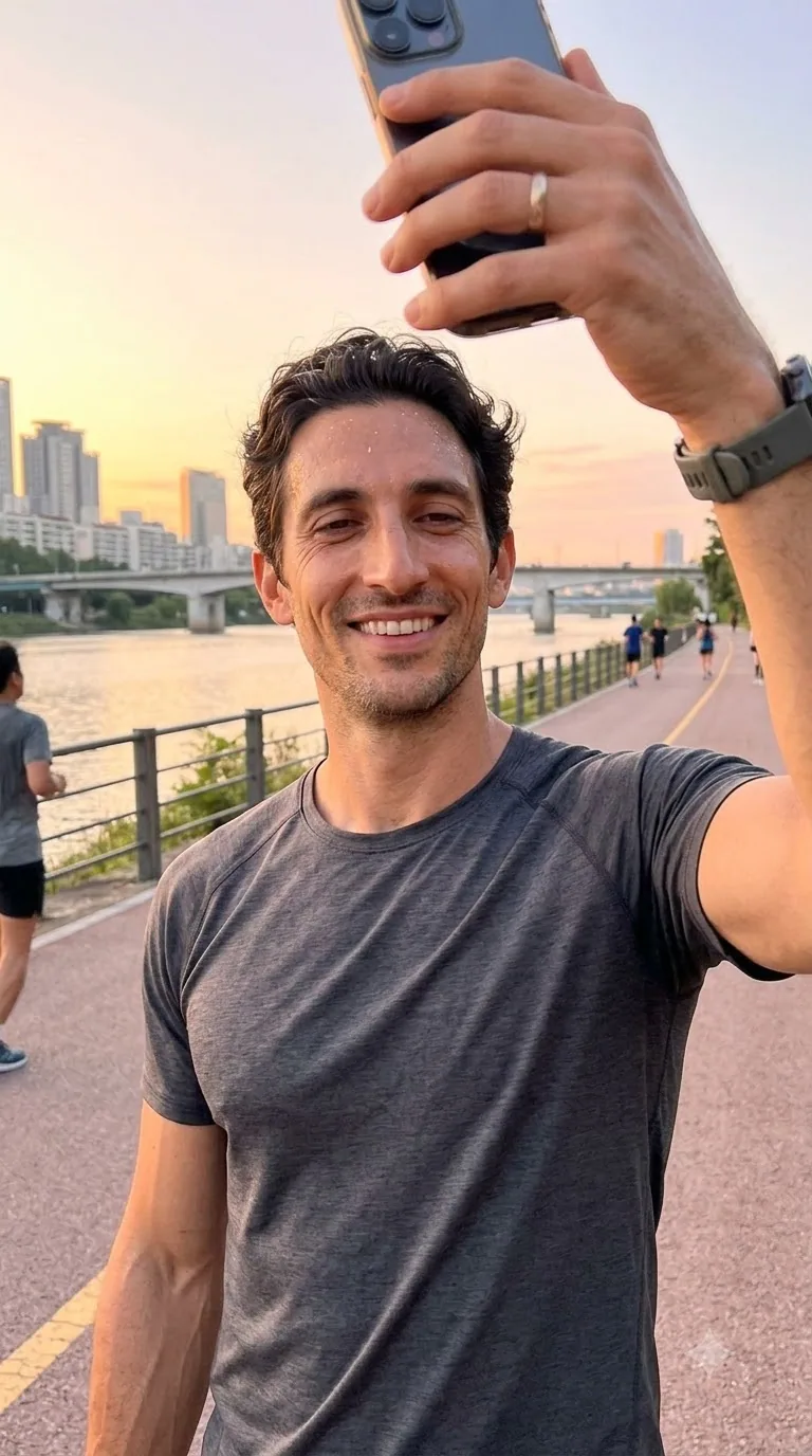 Luca Hayes in handheld post-run selfie on a city riverside path at sunrise, subtle sweat, imperfect crop, authentic social fitness update.