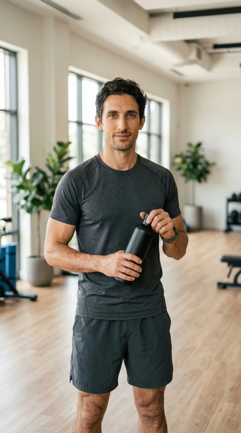 Luca Hayes in holding an unbranded matte-black water bottle in a bright training studio, natural product demonstration stance, realistic hands.