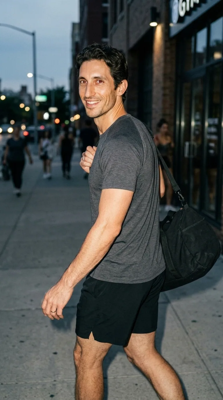 Luca Hayes in mid-stride leaving the gym with a duffel over one shoulder, dusk street lights, candid off-center movement and direct flash.