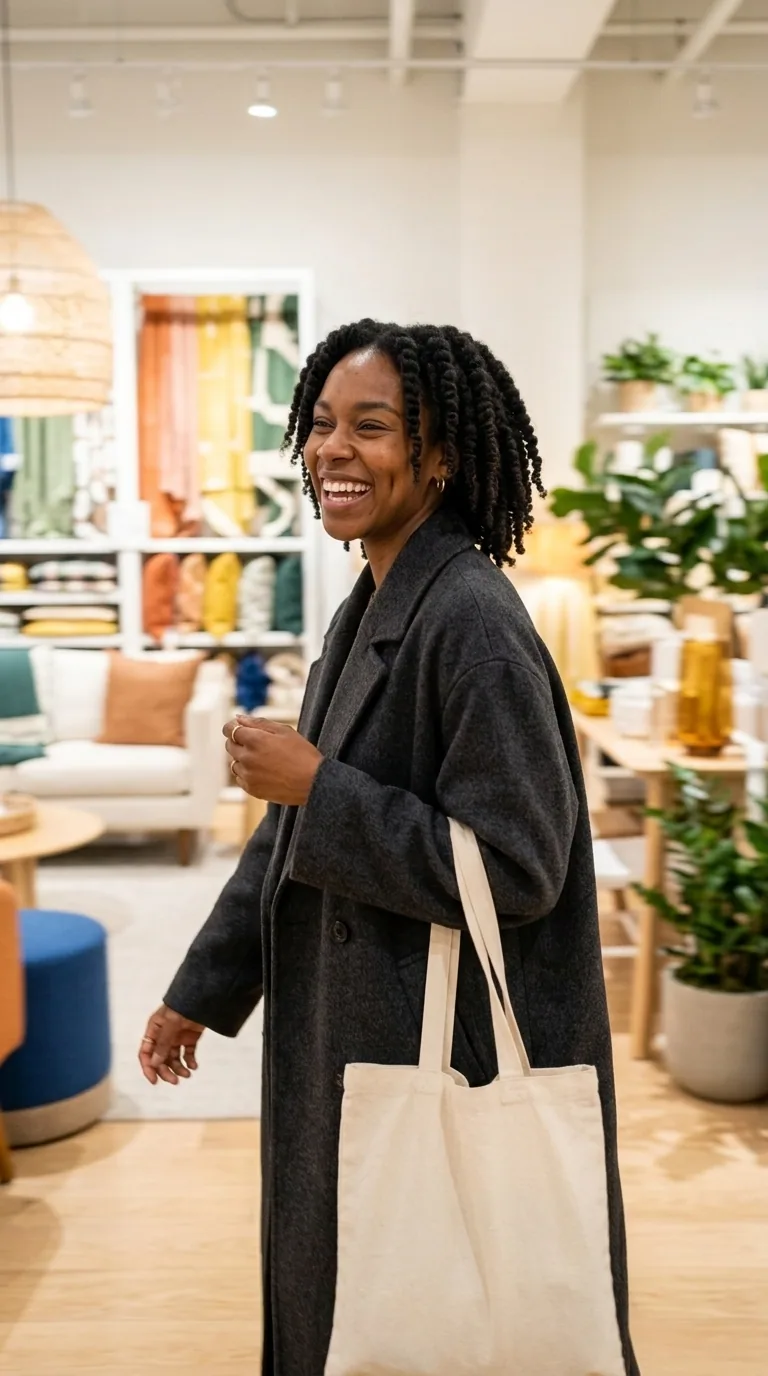 The same fictional adult creator walking through a bright design store in a social lifestyle scene.