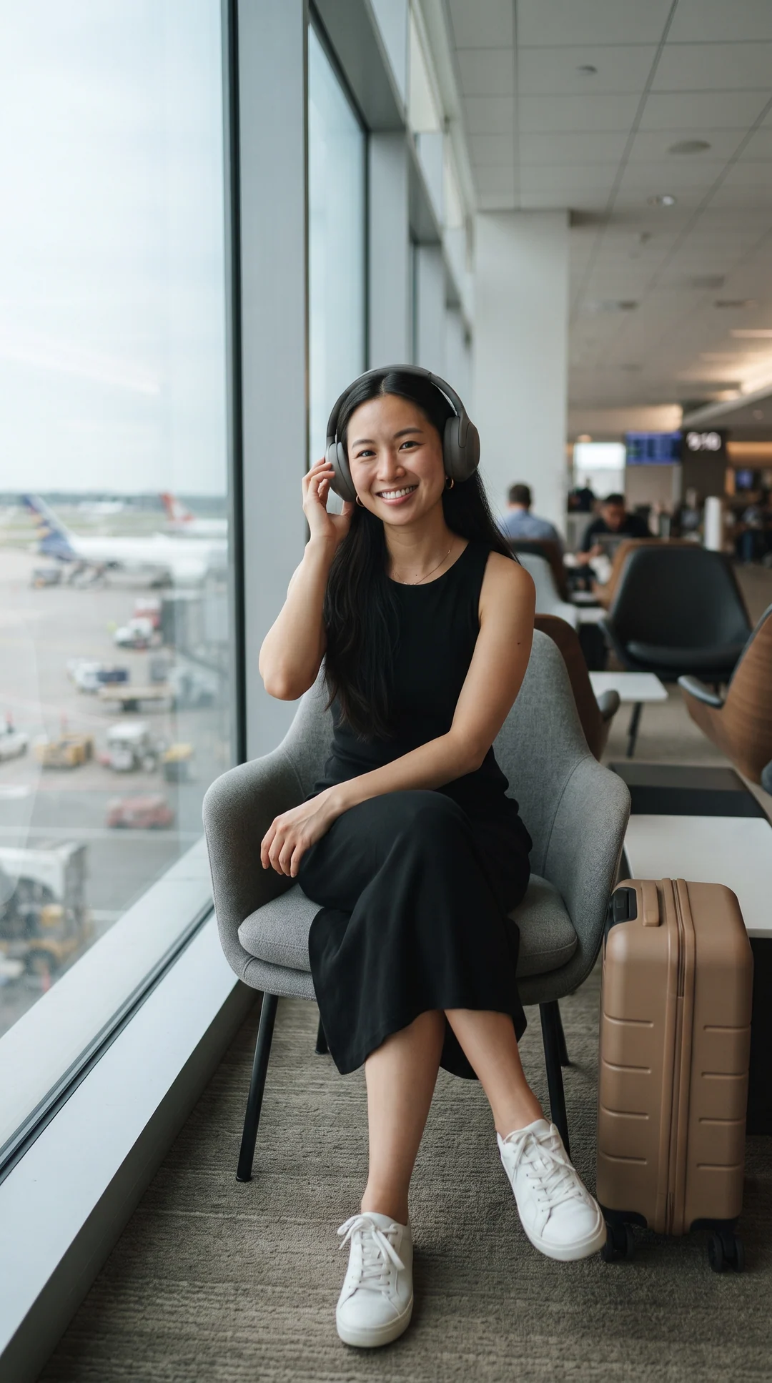 A fictional adult travel creator waiting with headphones and luggage at an airport.