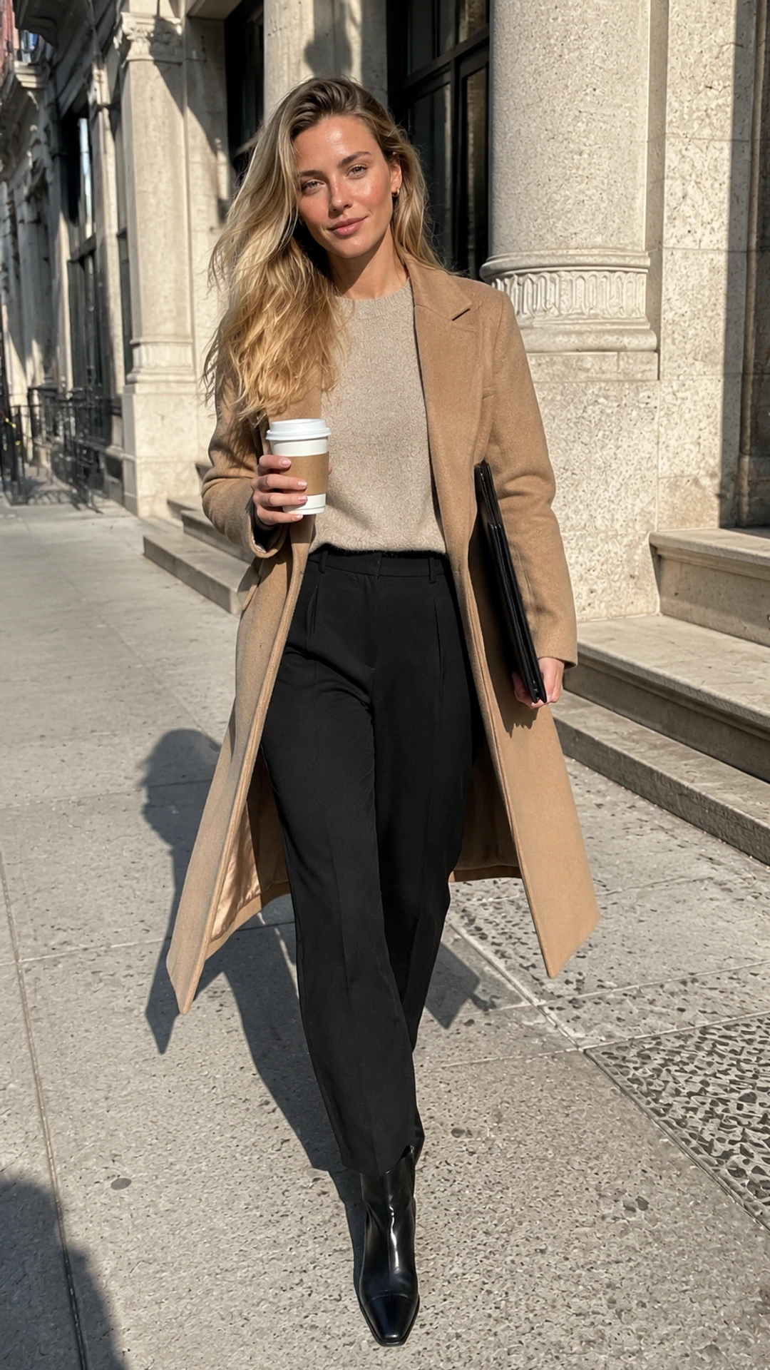 Fictional blonde New York professional carrying coffee on a SoHo workday