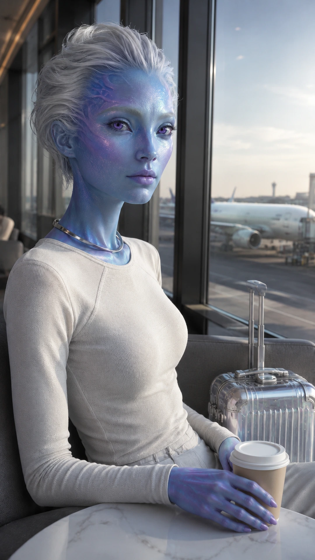 A2: the same fictional adult alien creator seated at a runway window.
