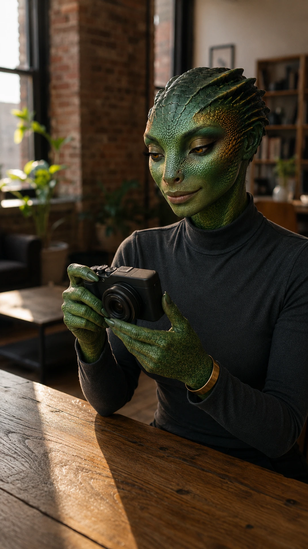 Fictional jade-scaled reptilian UGC creator presenting an unbranded compact camera in a Brooklyn loft