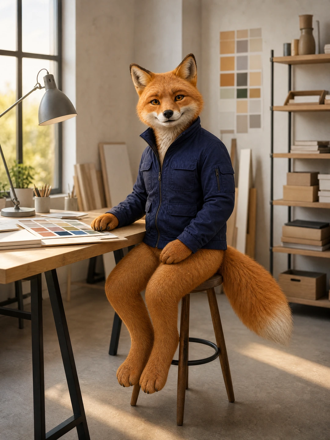 Original fictional adult Amber Fox mascot in a creative studio scene