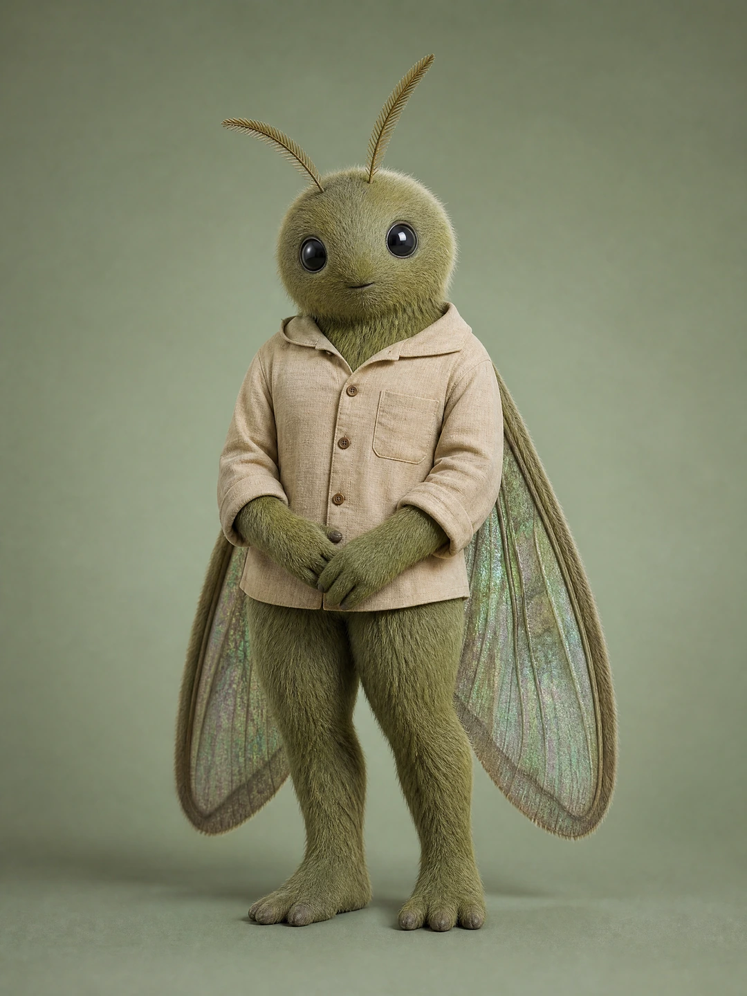 Original fictional adult Moss Moth mascot identity reference