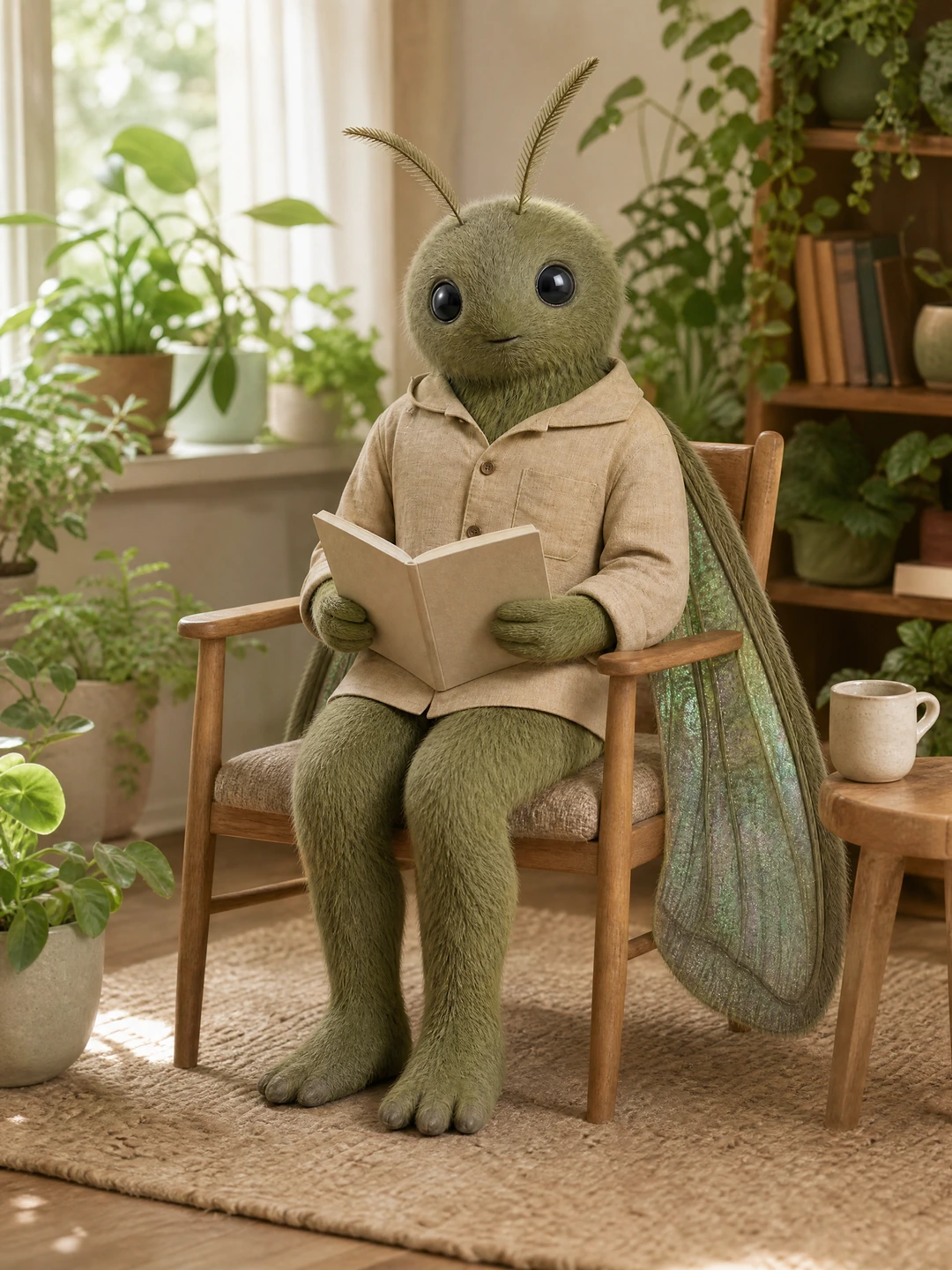 Original fictional adult Moss Moth mascot in a reading-nook scene