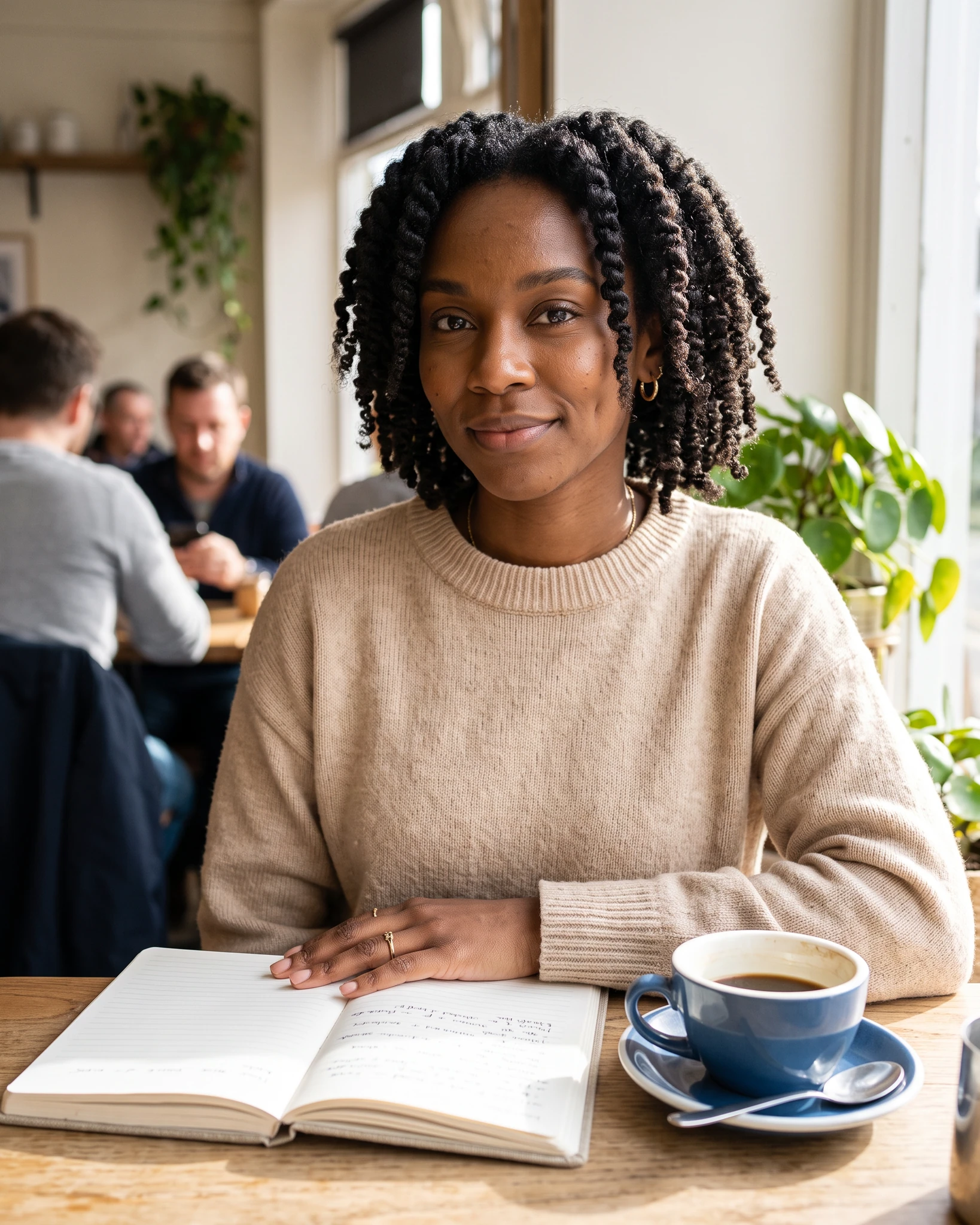 A fictional adult digital creator at a bright cafe table planning a lifestyle post.