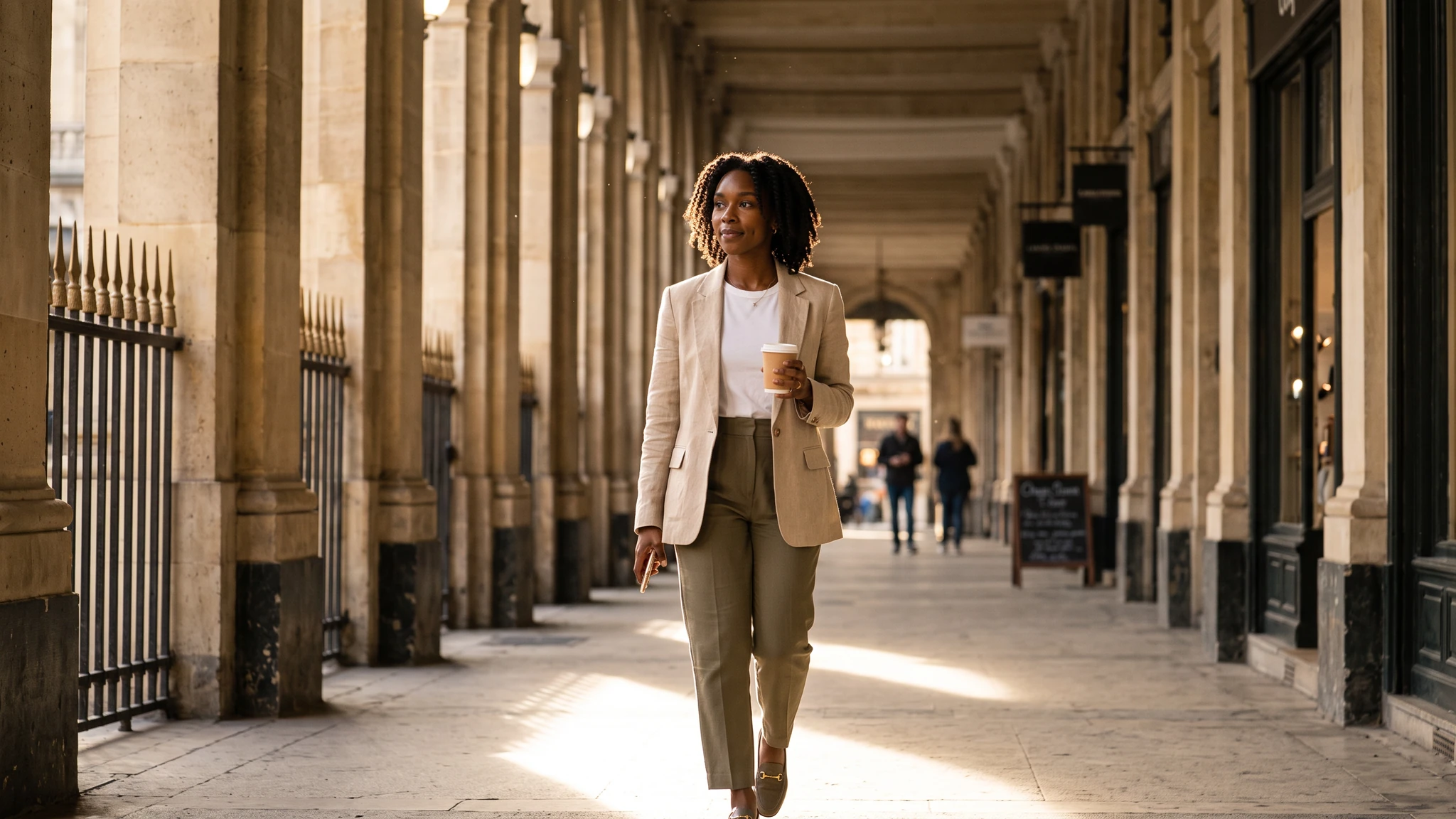 A fictional adult digital creator walking through a sunlit city arcade in a polished lifestyle scene.