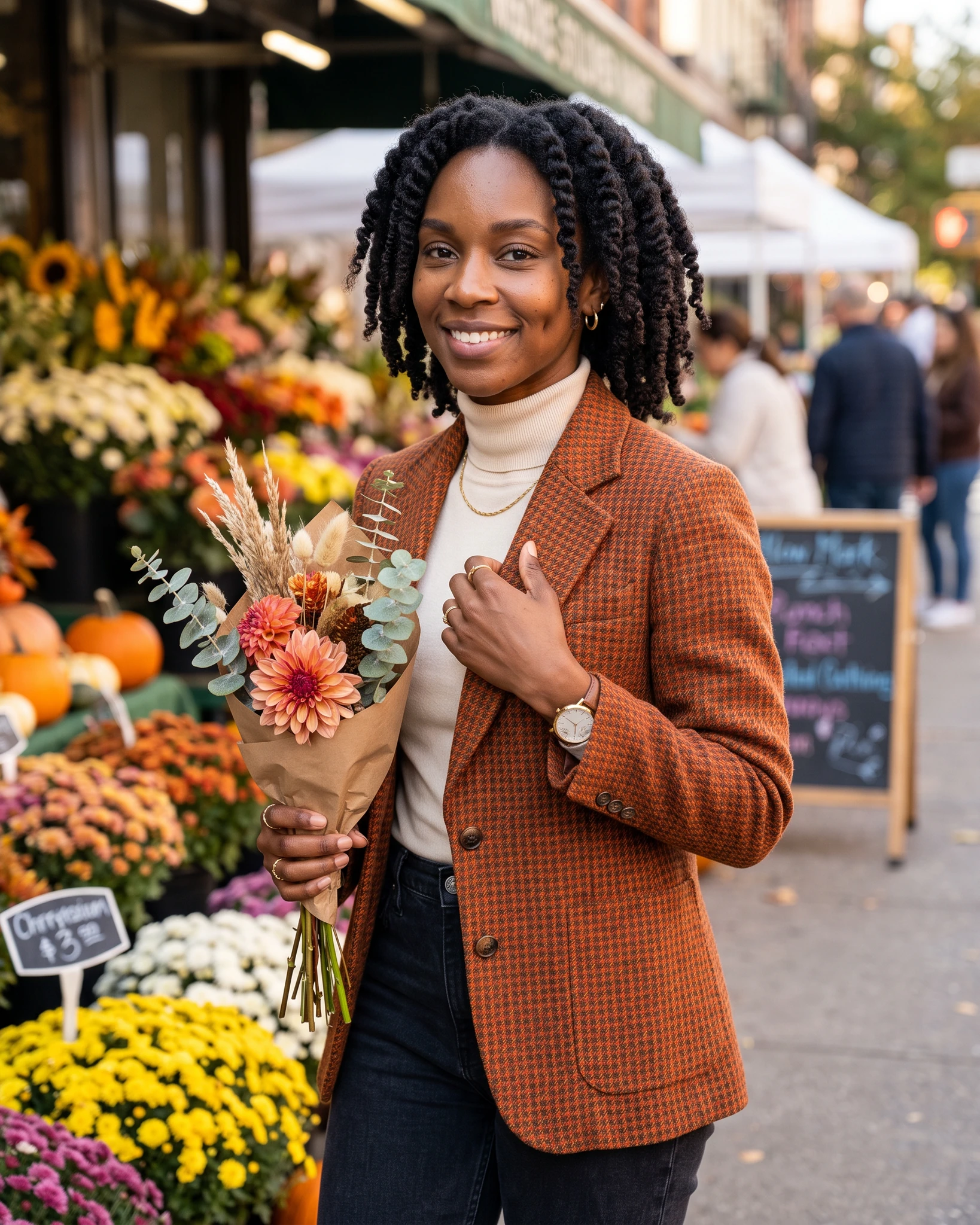 A fictional adult digital creator in a seasonal outdoor lifestyle scene with a small bouquet.