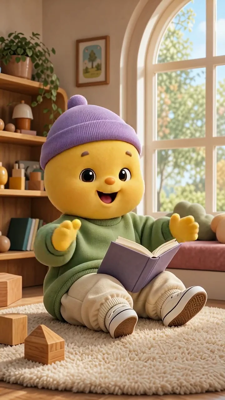 Generated clip of a clearly fictional toy character giving a small reaction in a cozy reading corner.