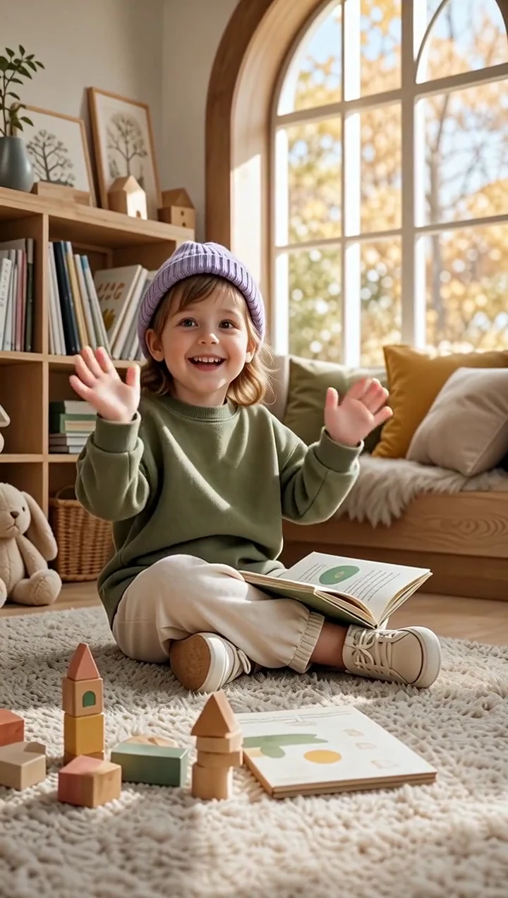 Generated clip of a photorealistic fictional child giving a friendly reaction in a cozy storybook corner.