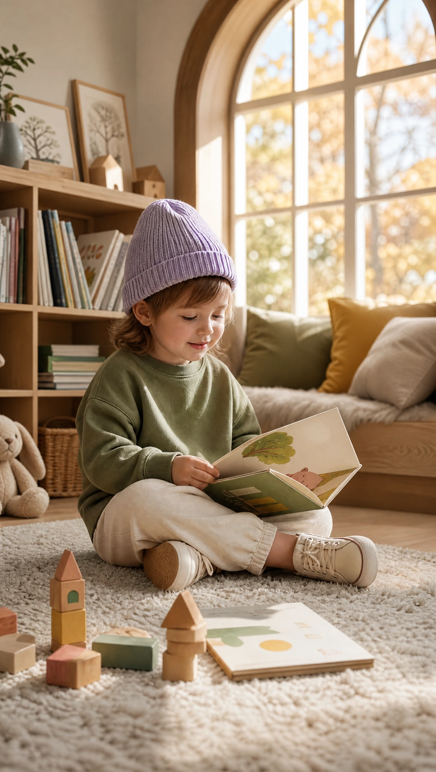 Photorealistic fictional child in a cozy storybook corner.