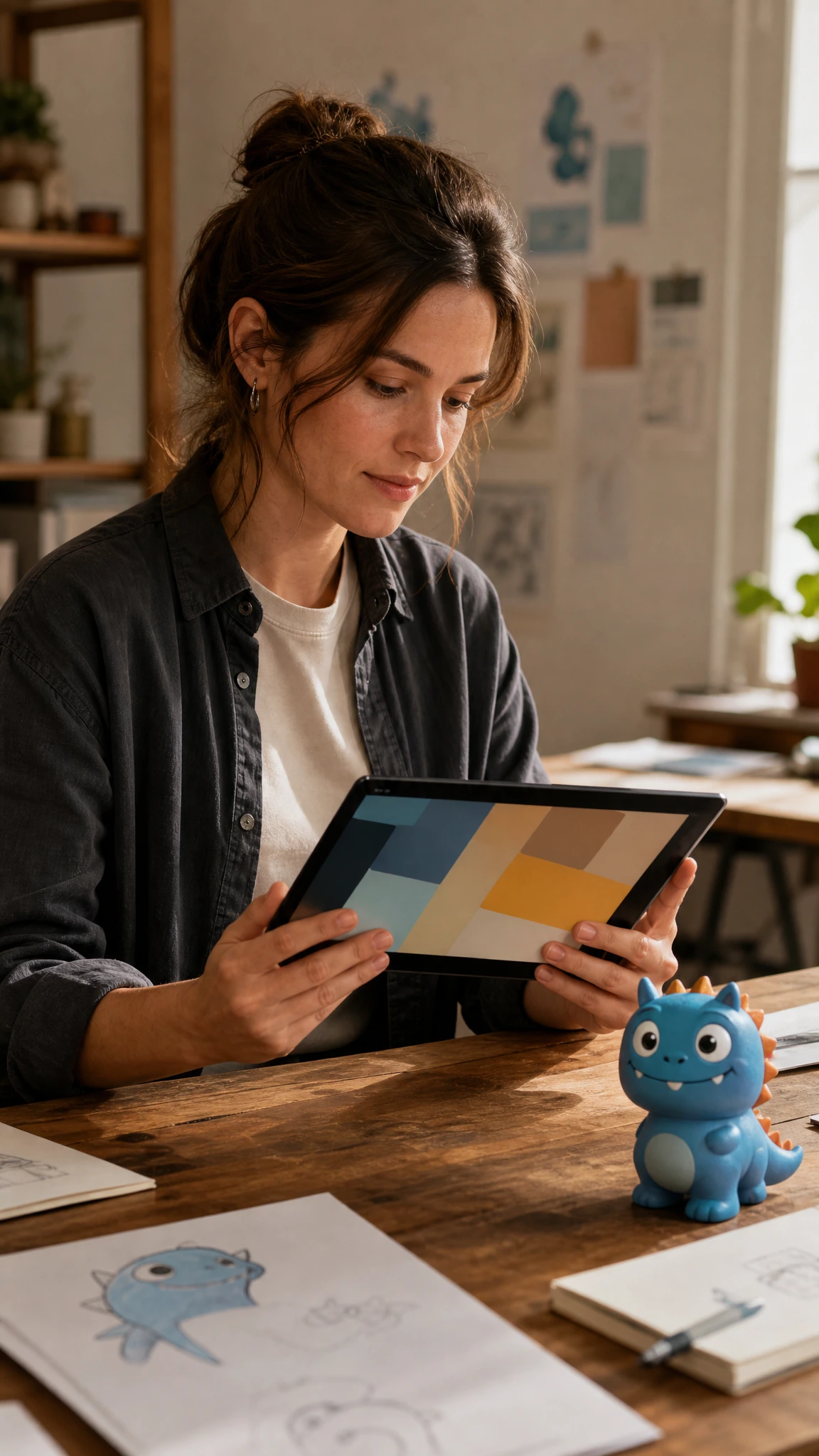 Fictional adult creator reviewing a playful character concept at a desk.