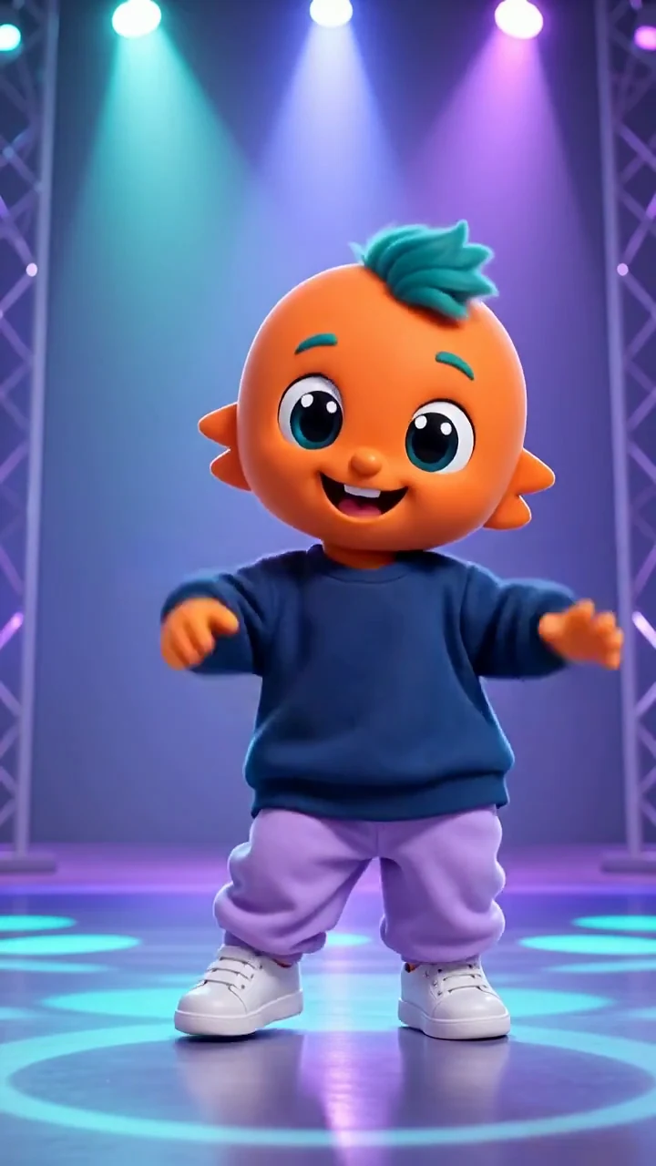 Generated clip of a clearly fictional toy character performing a simple two-step on a colorful stage.