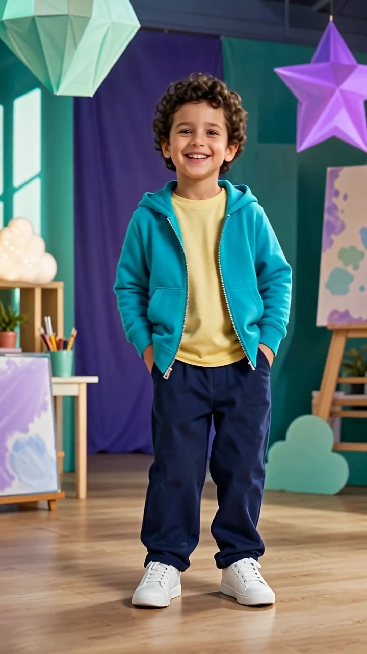 Generated clip of a photorealistic fictional child performing a simple dance on an indoor art-studio stage.