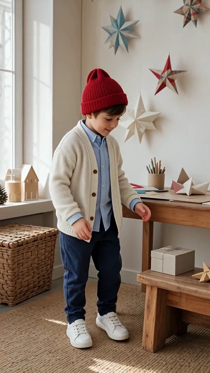 Generated clip of a photorealistic fictional child making a gentle seasonal gift gesture.