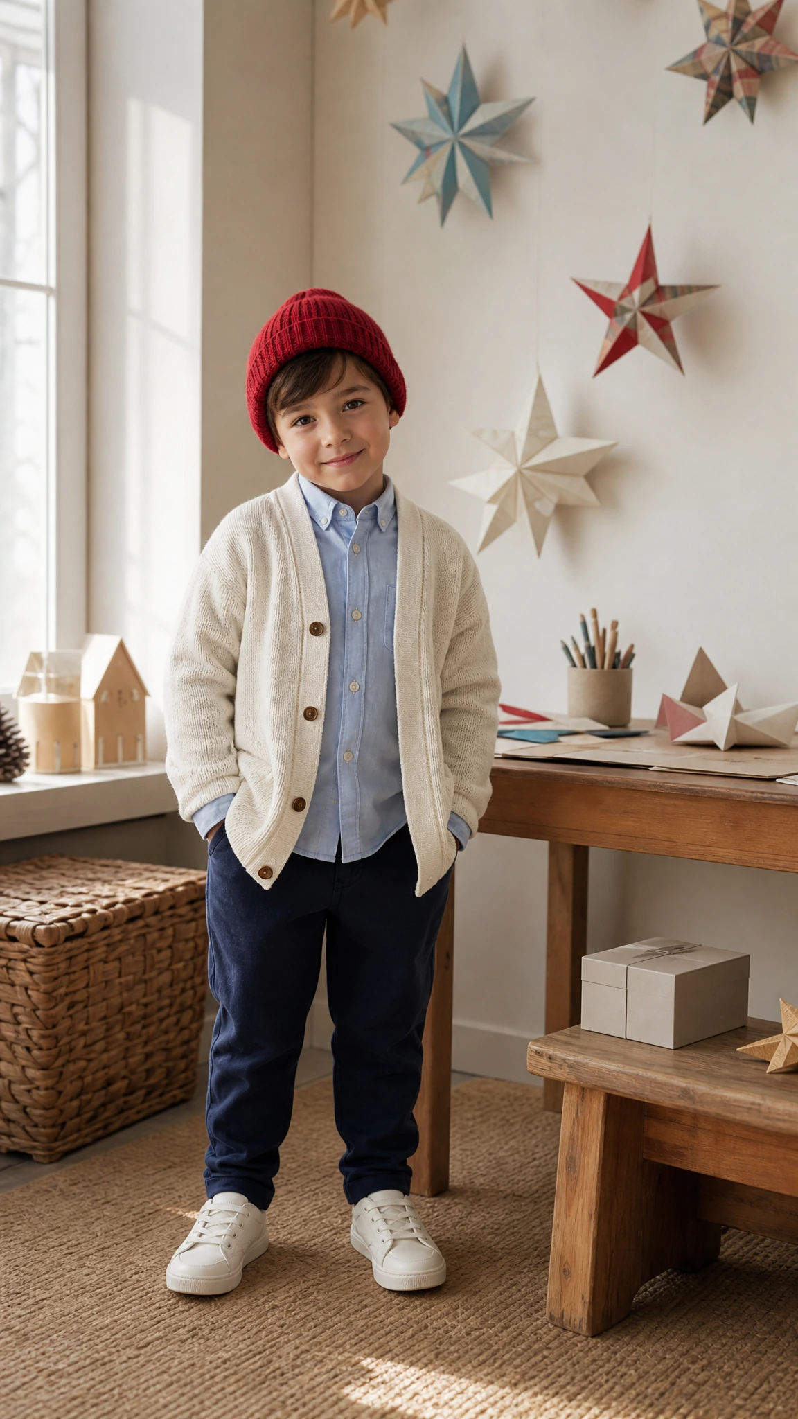 Photorealistic fictional child in a seasonal craft corner.