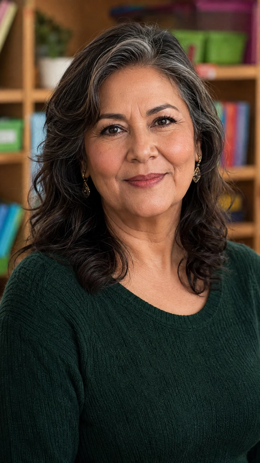 A fictional adult woman in a calm classroom portrait with a visible mouth.