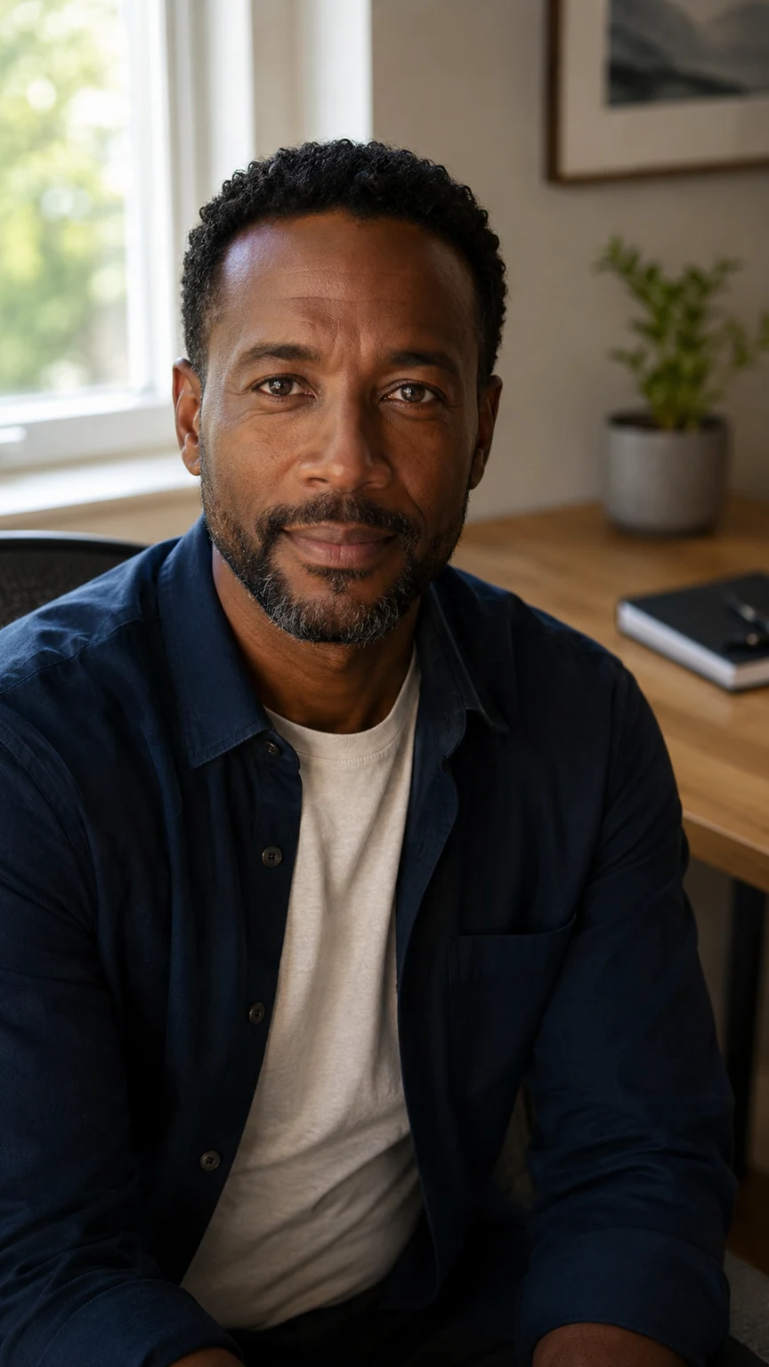 A fictional adult man in a home-office portrait with his mouth visible.