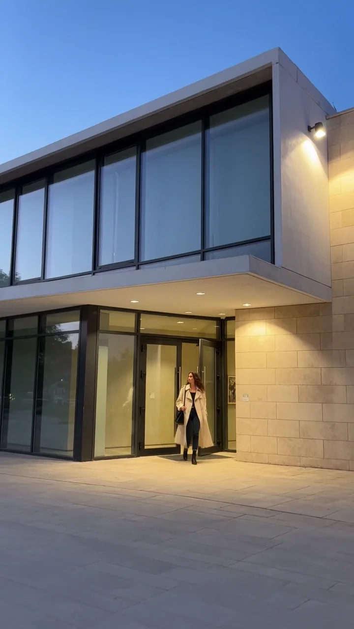 A fictional adult creator walks outside a contemporary art gallery at blue hour.