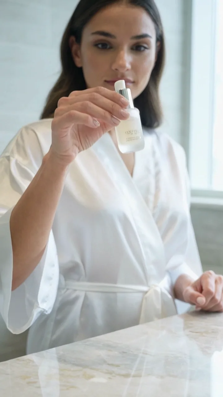 A fictional adult skincare creator presents an unbranded bottle in a bright bathroom.