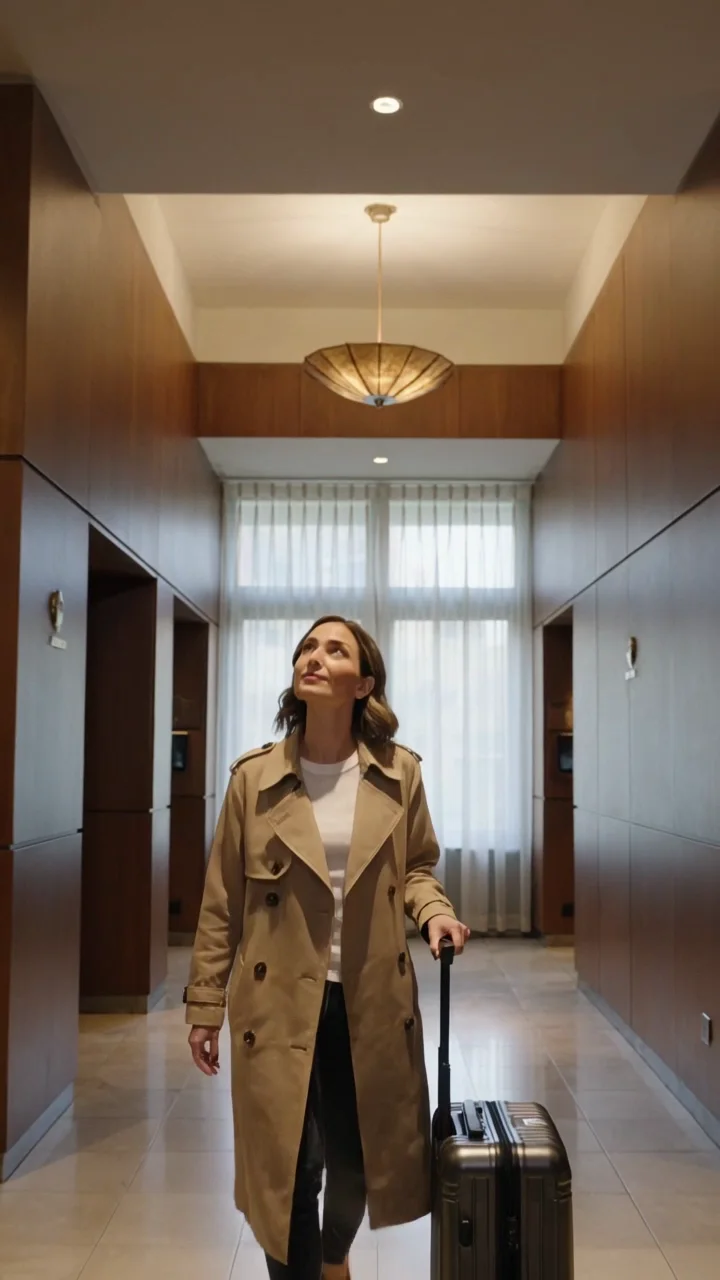 A fictional adult traveler arrives in a boutique hotel lobby with a carry-on.